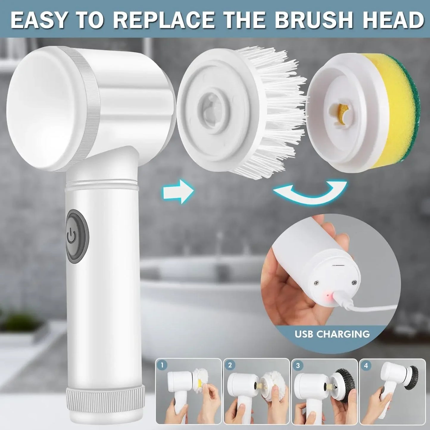 ﻿SPONGE MASTER™ Electric Spin Sponge Scrubber Cleaning with 5 Replaceable Brush Heads